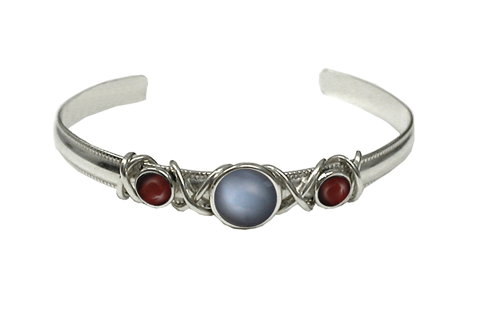 Sterling Silver Hand Made Cuff Bracelet With Grey Moonstone And Red Tiger Eye